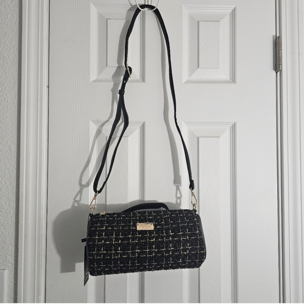Badgley Mischka new York black tweed cross body purse nwt